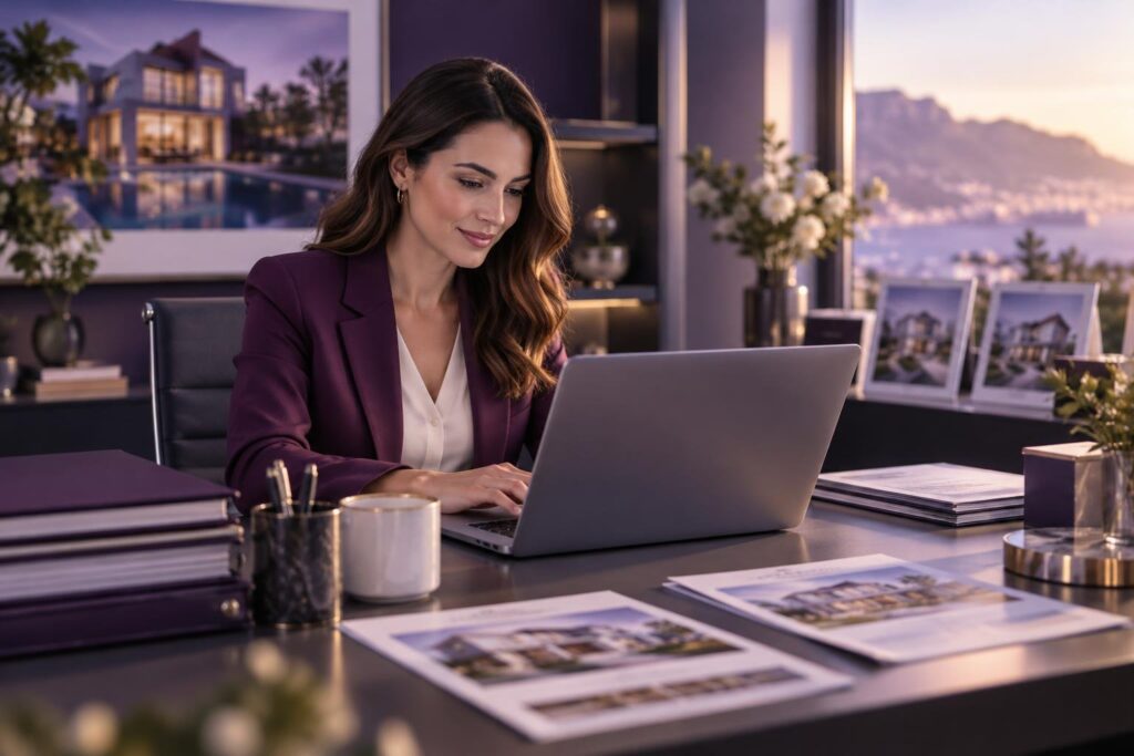 Real estate agent using a laptop with automation software in an office.