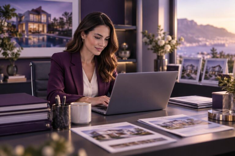 Real estate agent using a laptop with automation software in an office.