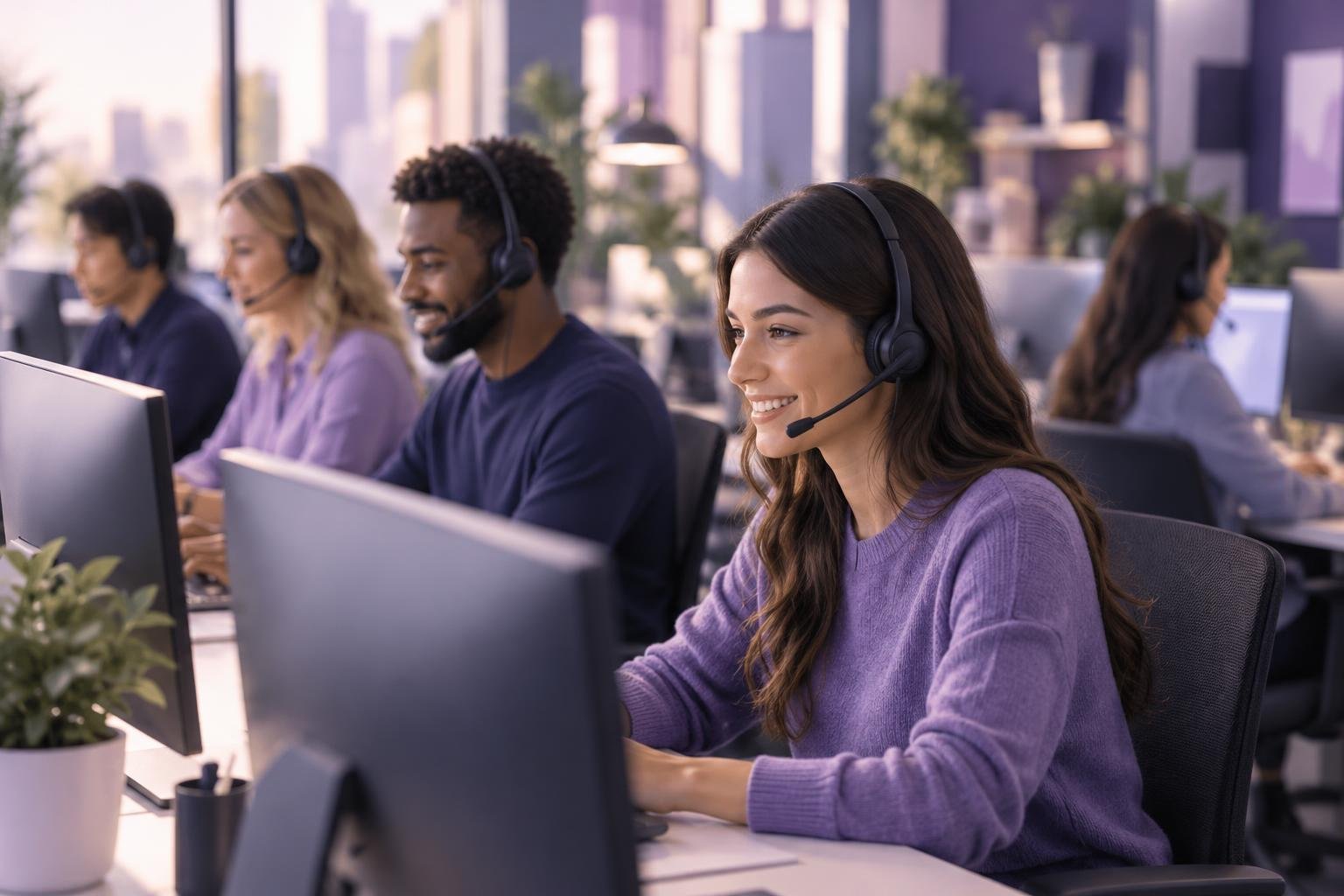 A team of customer service representatives in an office setting with headsets.