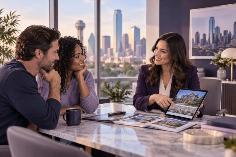 A real estate agent in Dallas meeting with a couple to discuss properties.