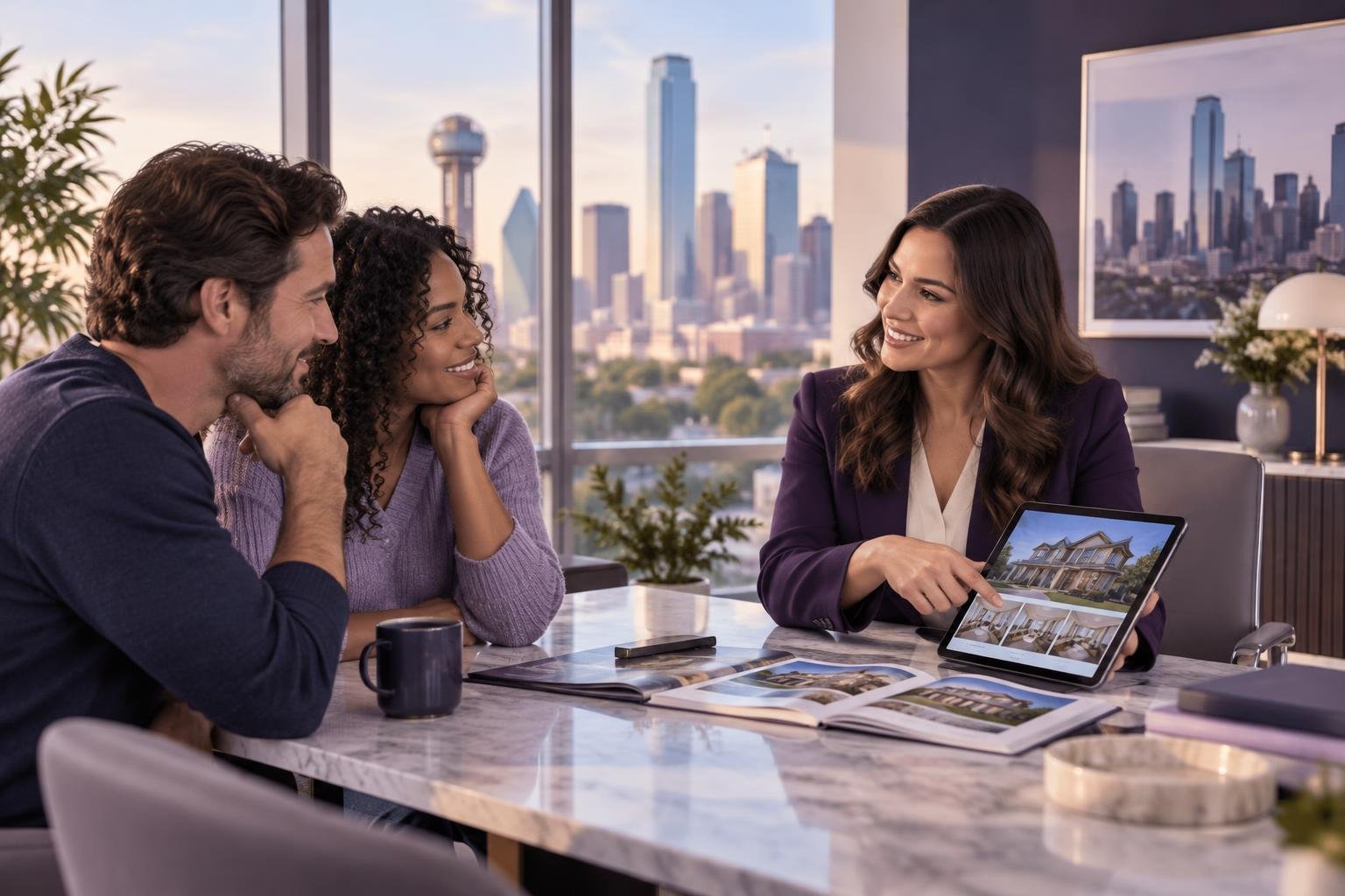 A real estate agent in Dallas meeting with a couple to discuss properties.