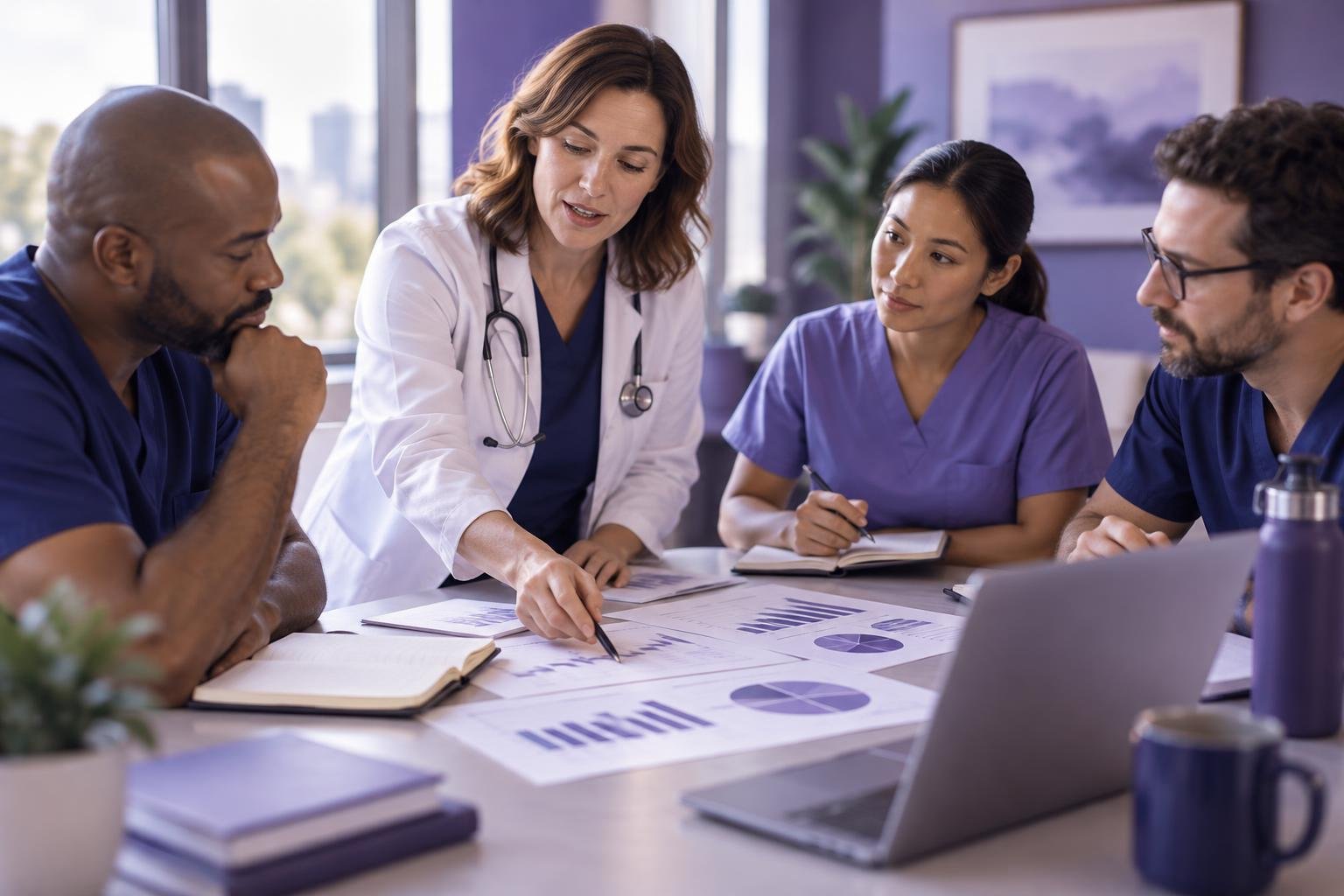 Healthcare team in a meeting reviewing administrative charts and notes.