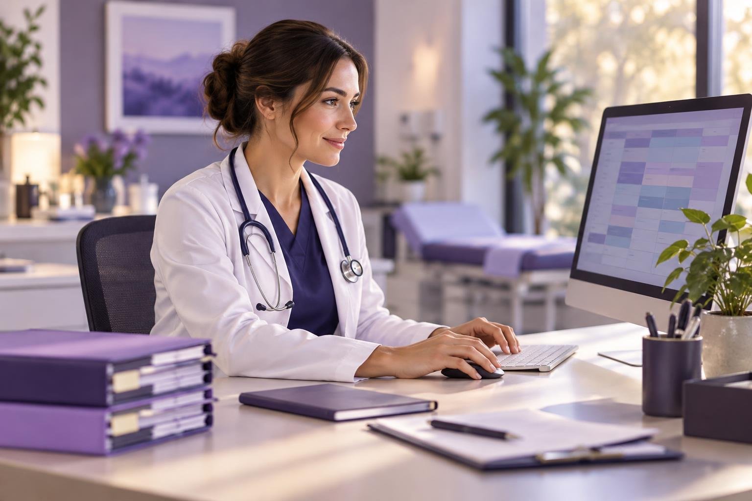 A healthcare professional organizing patient files at a desk with a computer.