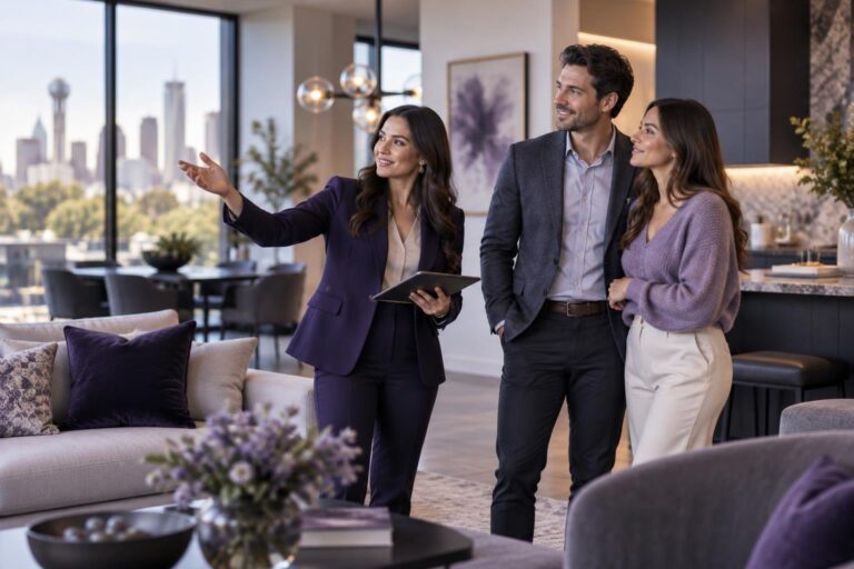 A real estate agent talks with a couple in a modern Dallas-Fort Worth home.