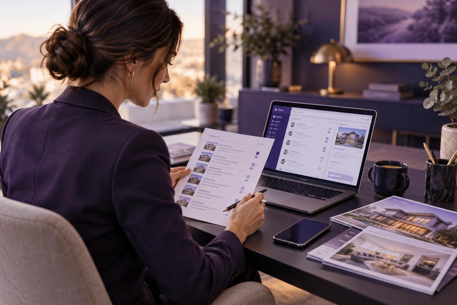 Real estate agent reviewing aged leads on a laptop with property brochures nearby.