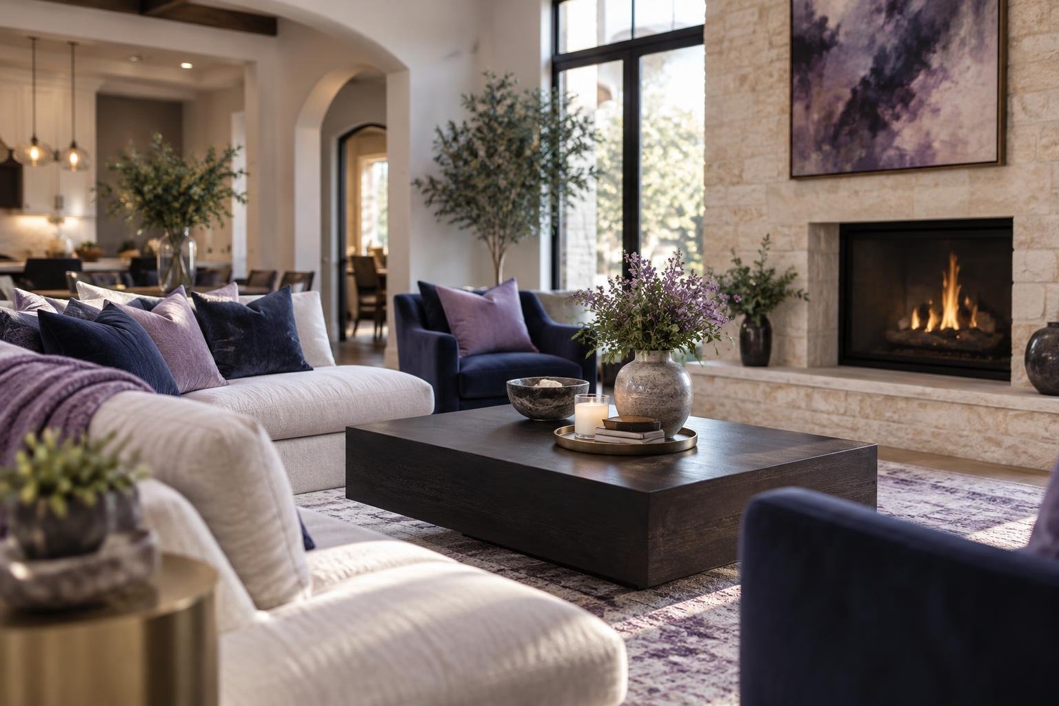 A staged living room in a North Texas home prepared for sale.