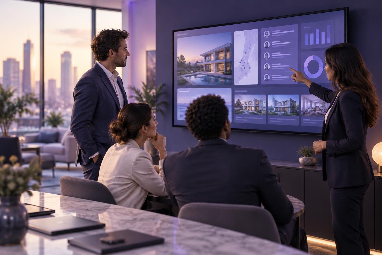 Real estate professionals reviewing a CRM dashboard on a large screen.