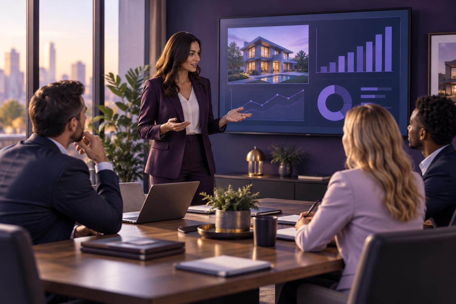 Real estate agents discuss lead follow-up strategies with charts on a screen.
