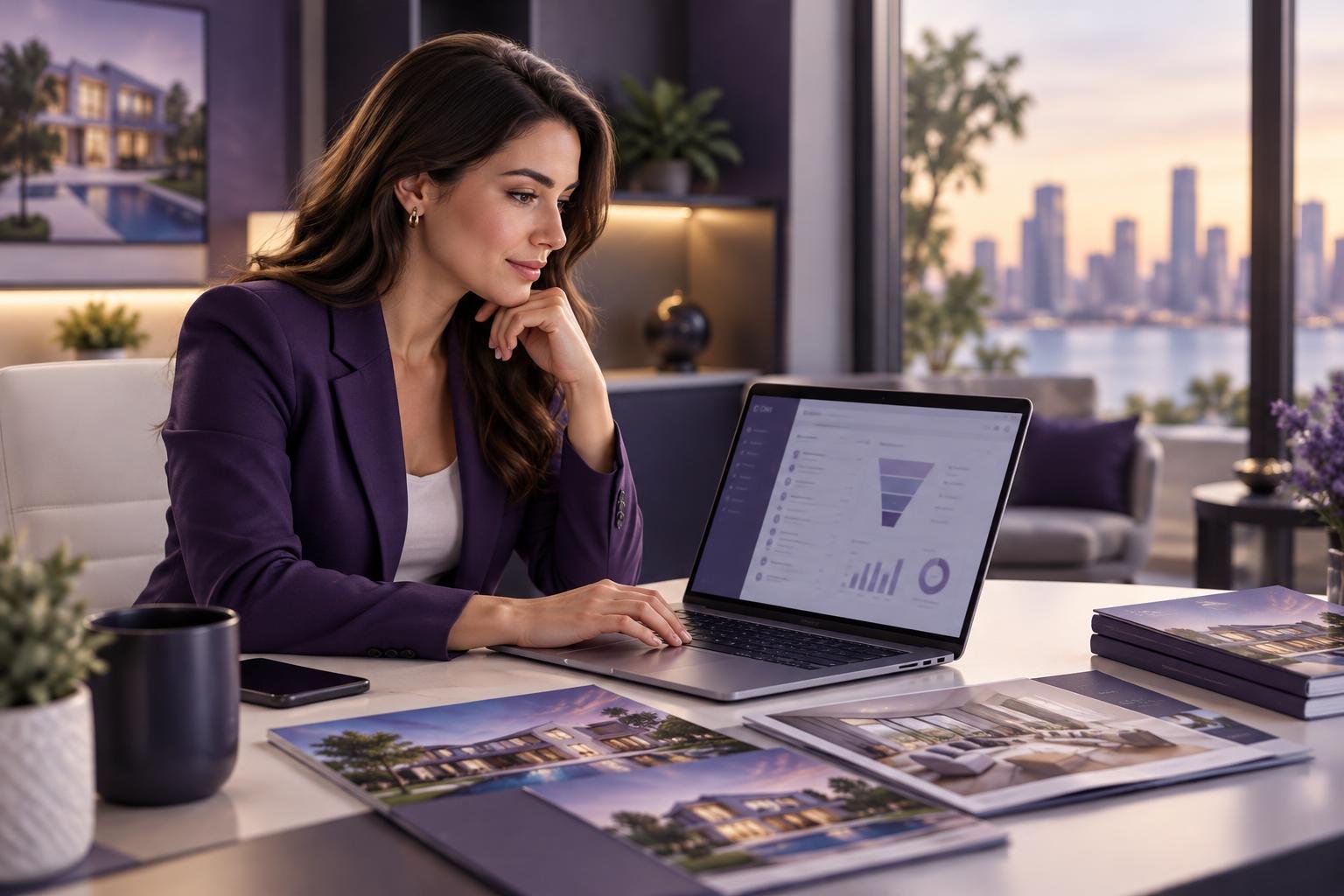 A real estate agent reviews a digital lead follow-up dashboard on a laptop.