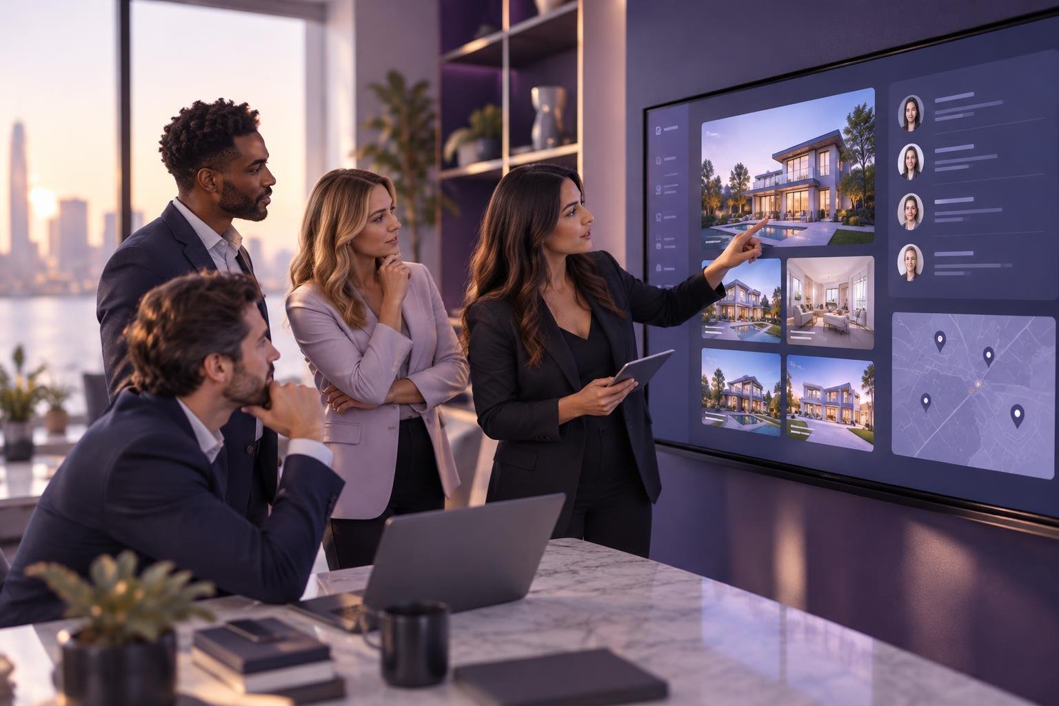A real estate team reviewing property listings on a digital dashboard.